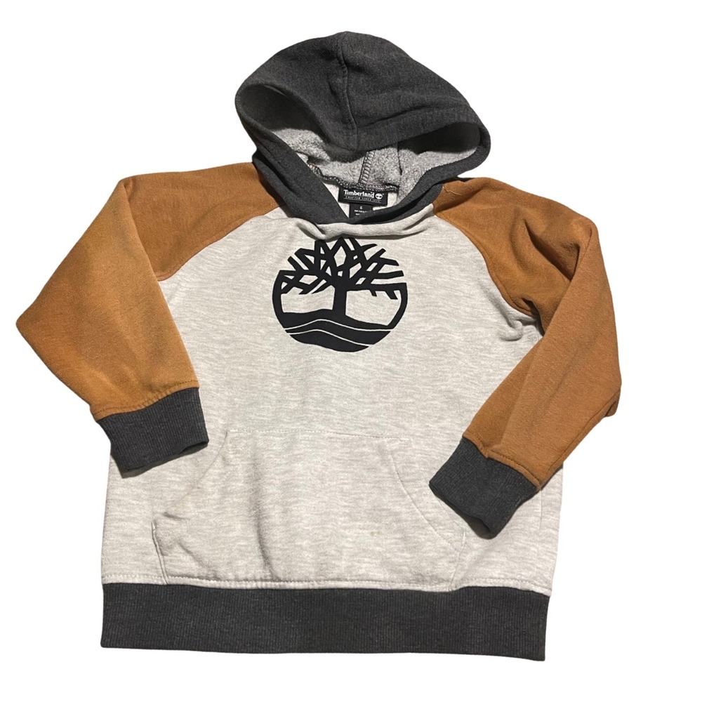 Kids Timberland Raglan‎ Hoodie Tree Logo Gray Rust Orange Size 6